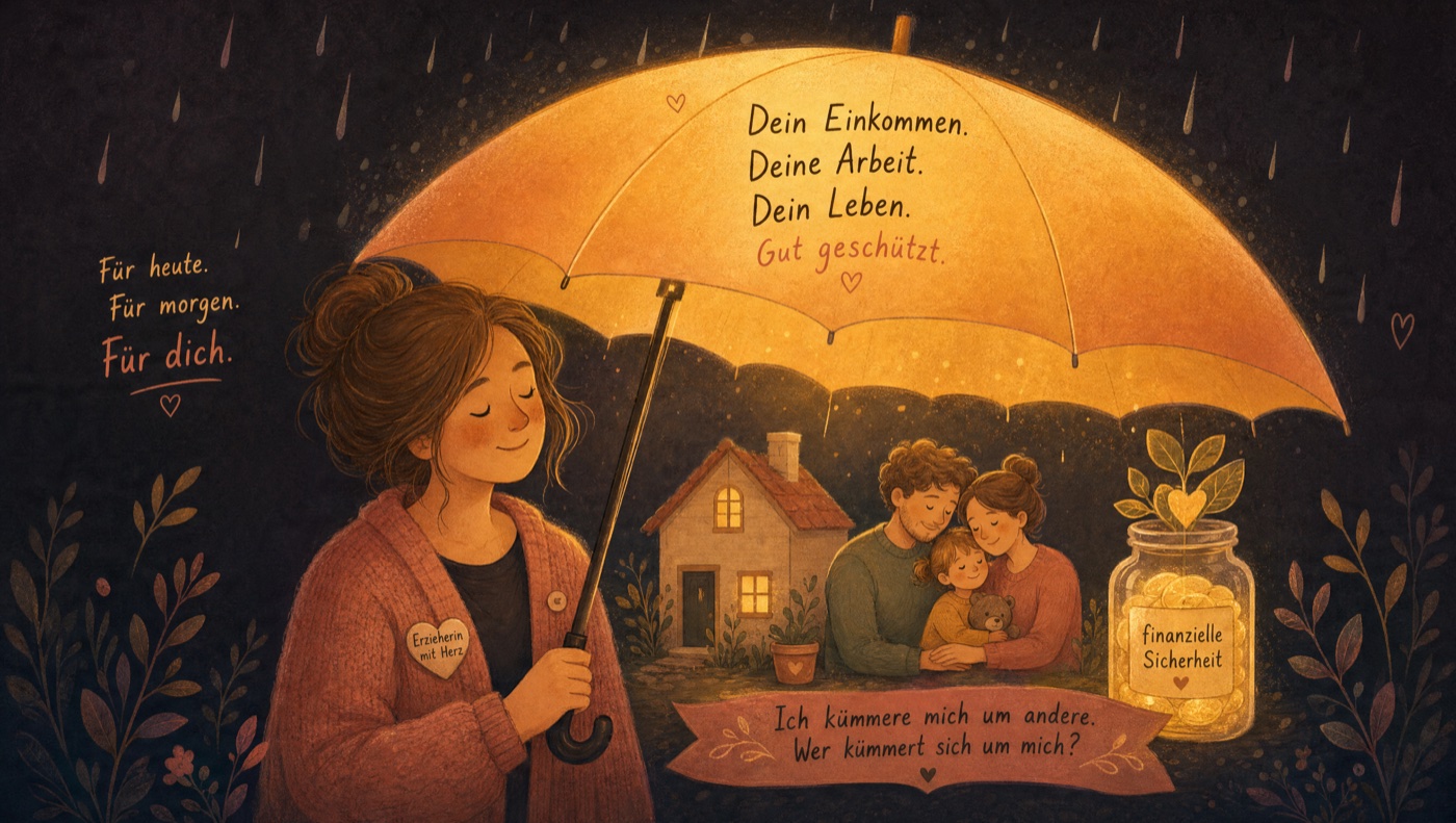 Warme Illustration: ein leuchtender Schutzschirm bewahrt Haus, Familie und finanzielle Sicherheit. Ich kümmere mich um andere, wer kümmert sich um mich?