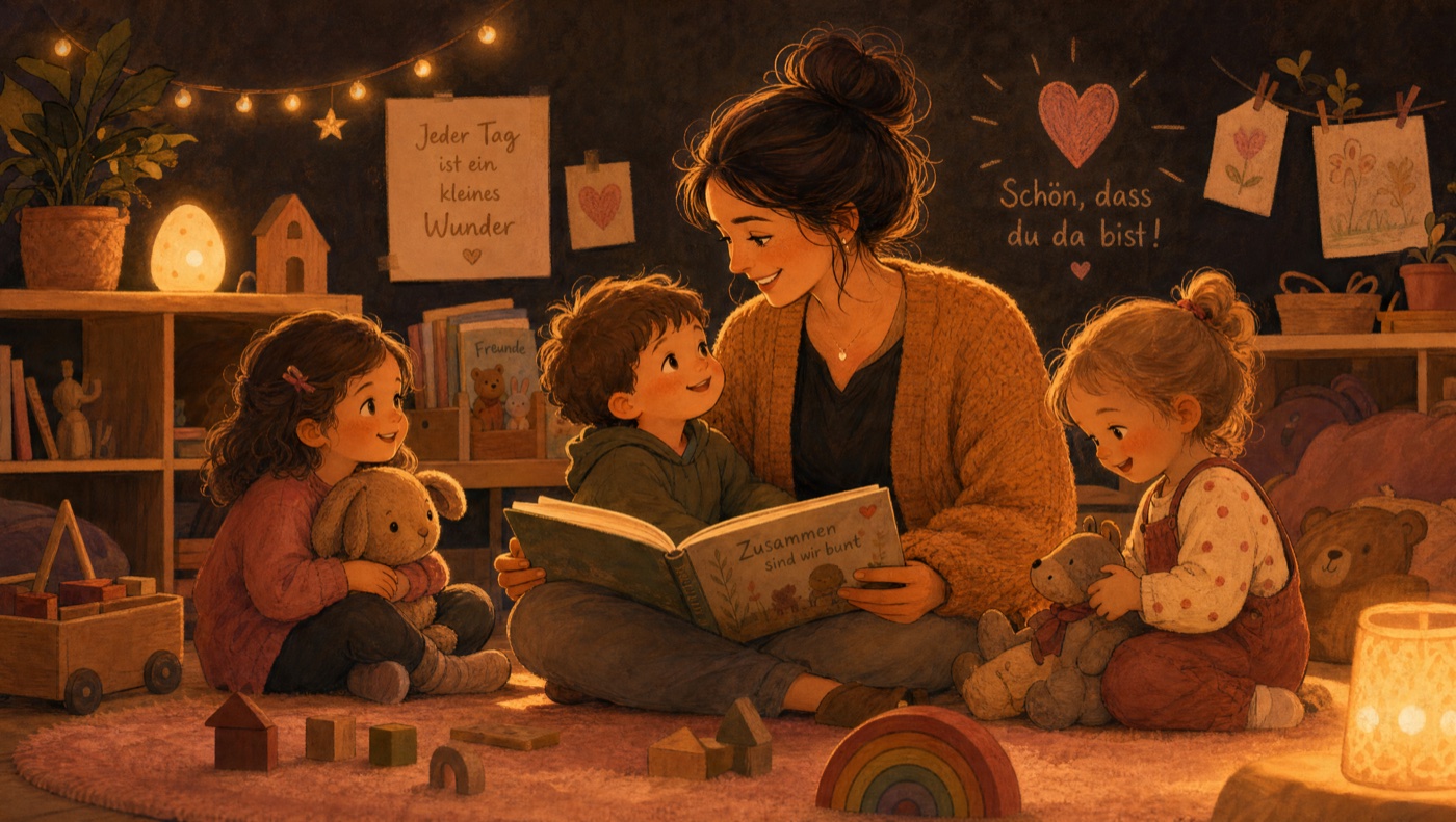 Warme Illustration: die Erzieherin liest fröhlich mit Kindern in der Kita, voll in ihrem Element.