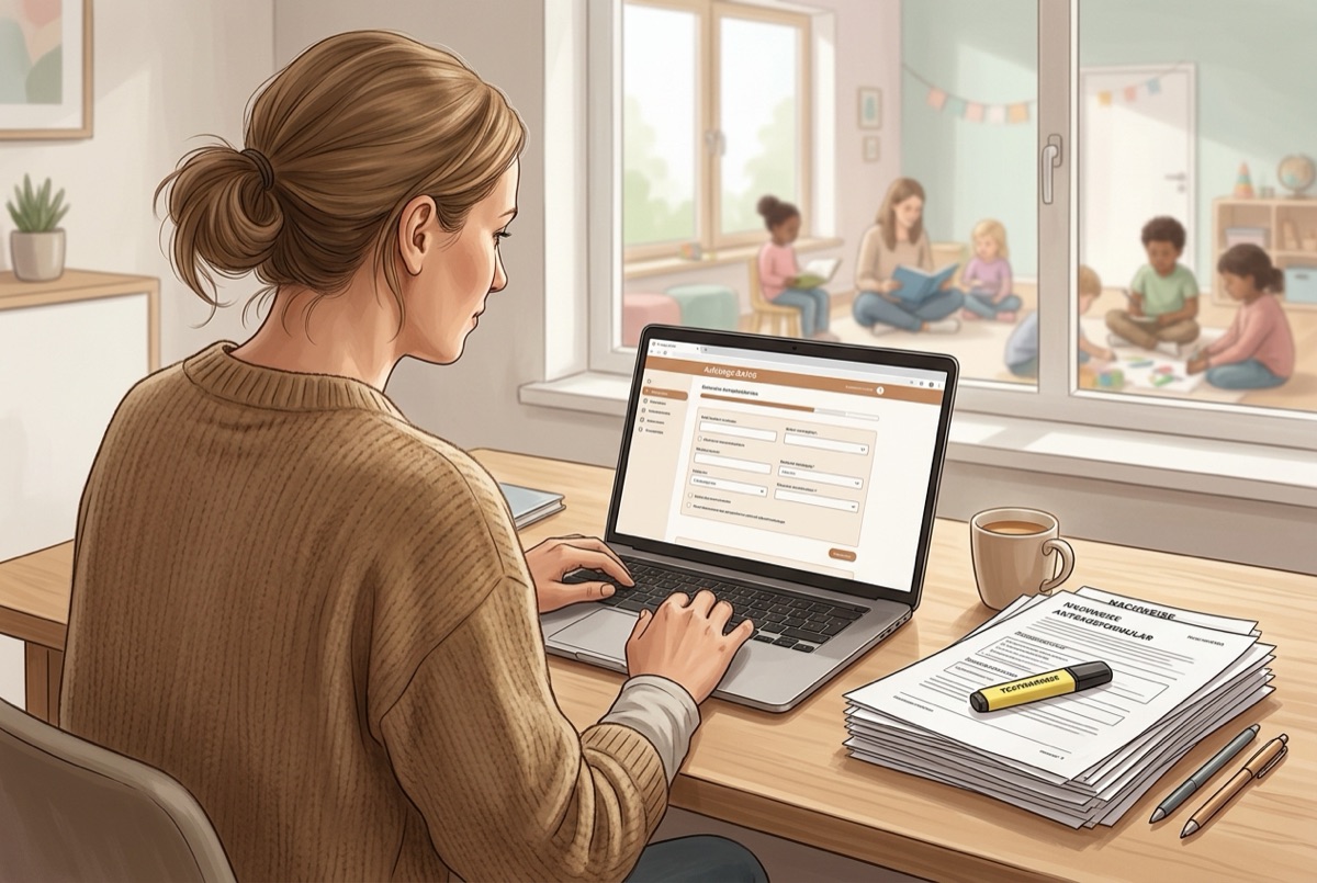 Frau füllt den Aufstiegs-BAföG-Antrag online am Laptop aus