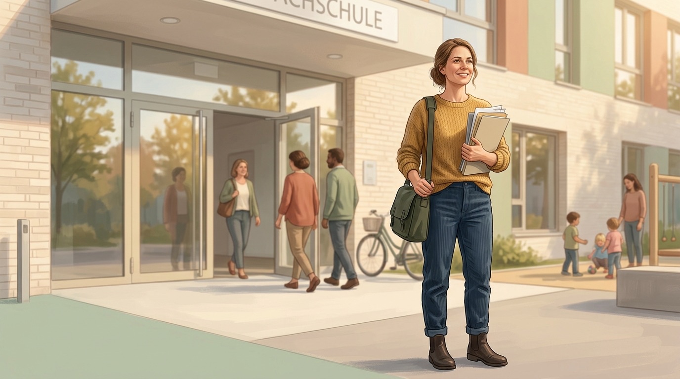 Erzieherin steht mit Unterlagen selbstbewusst vor ihrer Fachschule