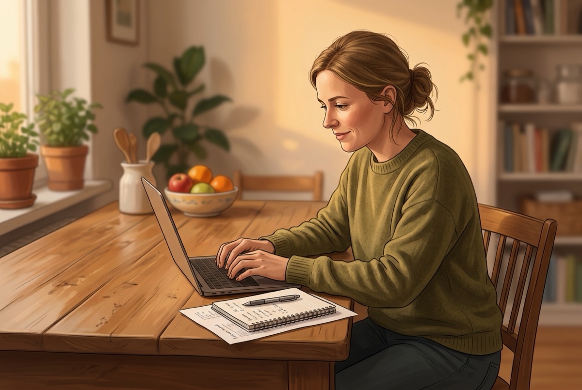 Erzieherin rechnet ihr Netto-Gehalt am Laptop nach