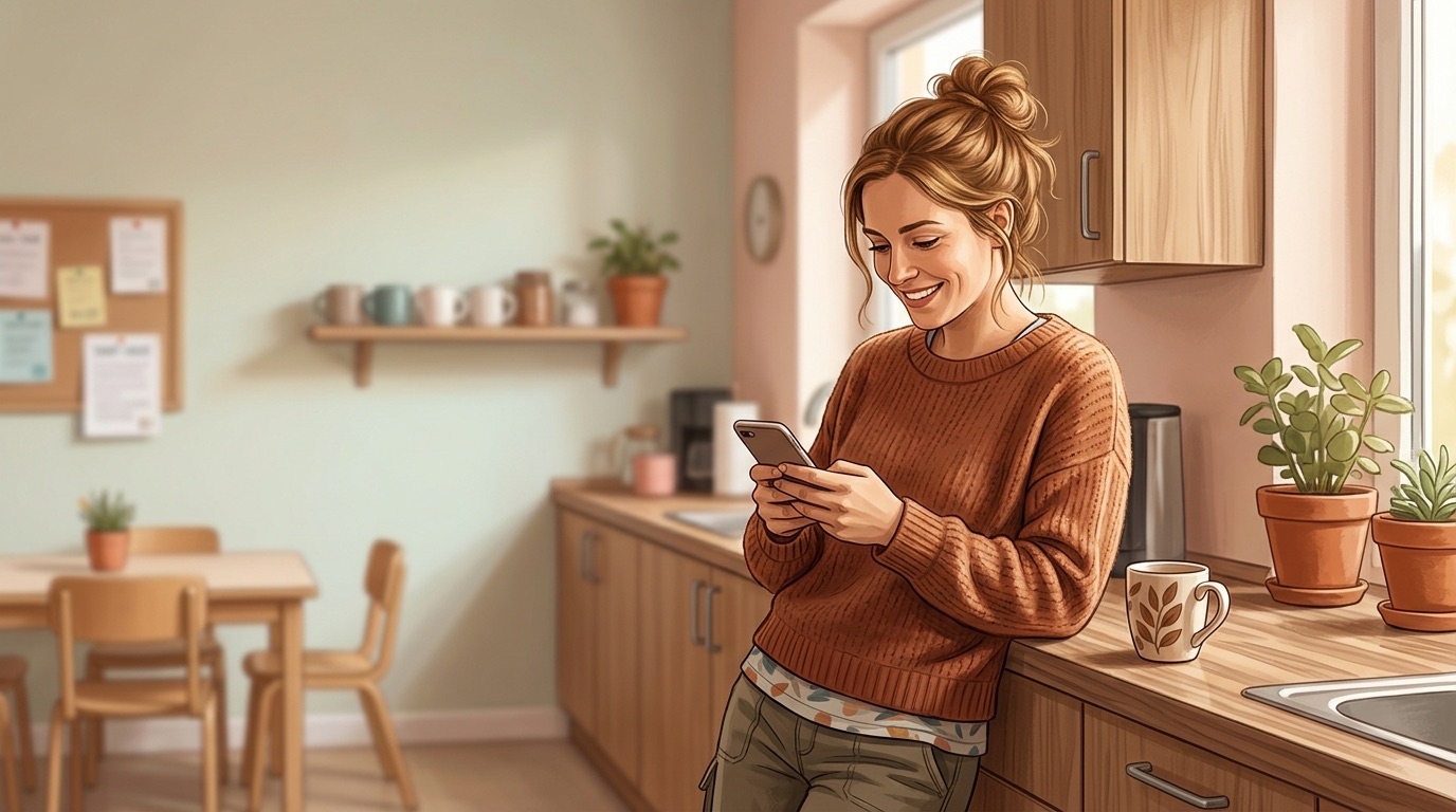 Erzieherin schaut im Pausenraum der Kita lächelnd auf ihr Smartphone