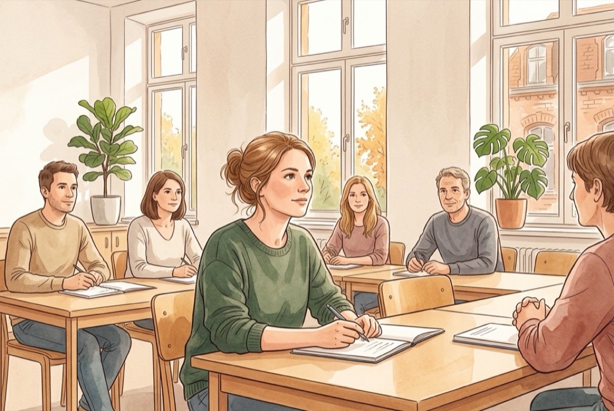 Erzieherin bei einer Weiterbildung im Seminarraum einer Fachschule