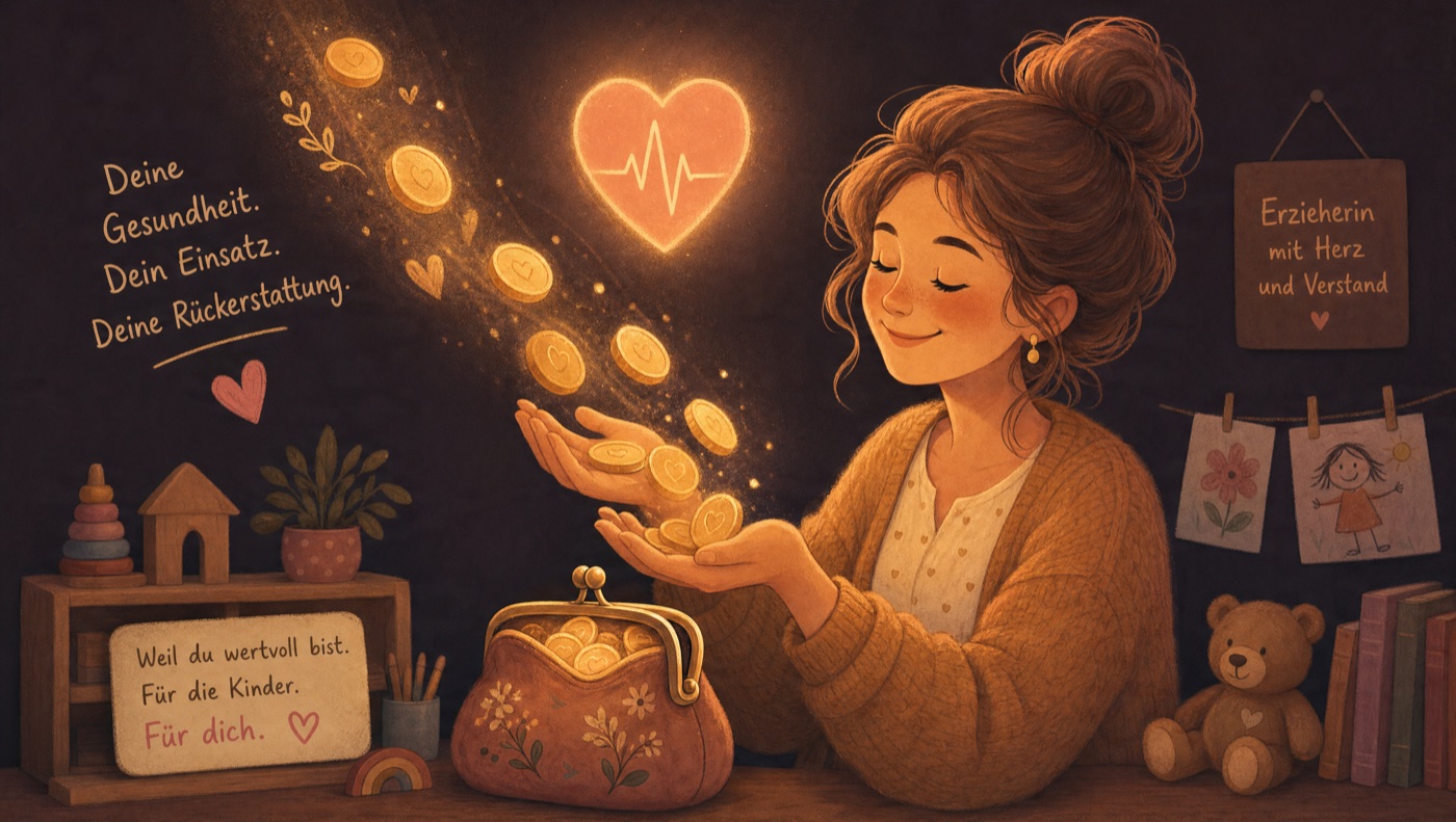 Warme Illustration: goldene Münzen fließen in ihre Hände, Sinnbild für die Rückerstattung von der Krankenkasse.
