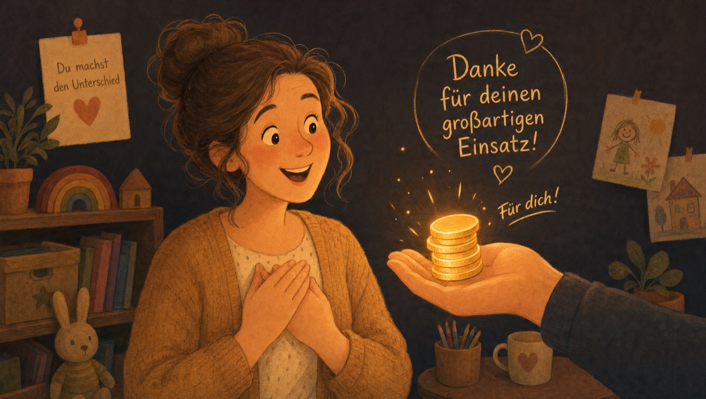 Warme Illustration: ein Arbeitgeber reicht ihr eine kleine leuchtende Münzgabe, Extra-Geld vom Arbeitgeber.